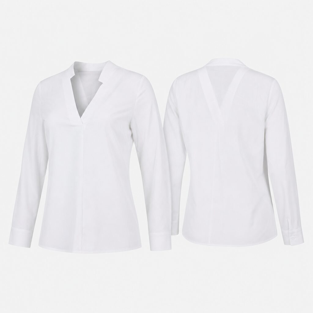 (L) Camisa de Manga Comprida com Gola em V - Branco
