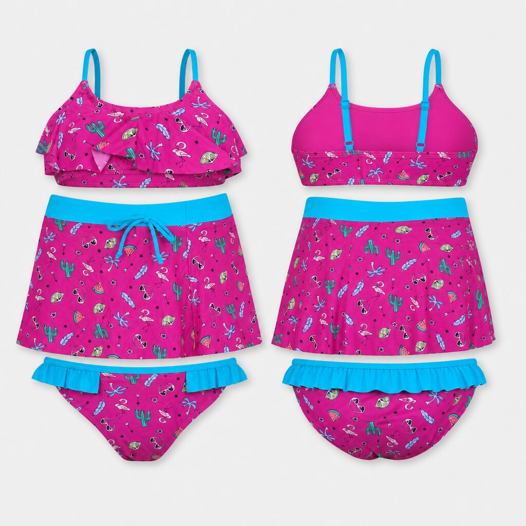 (12 Anos) Conjunto de Banho Infantil GWIN com Estampado Tropical - Rosa e Azul