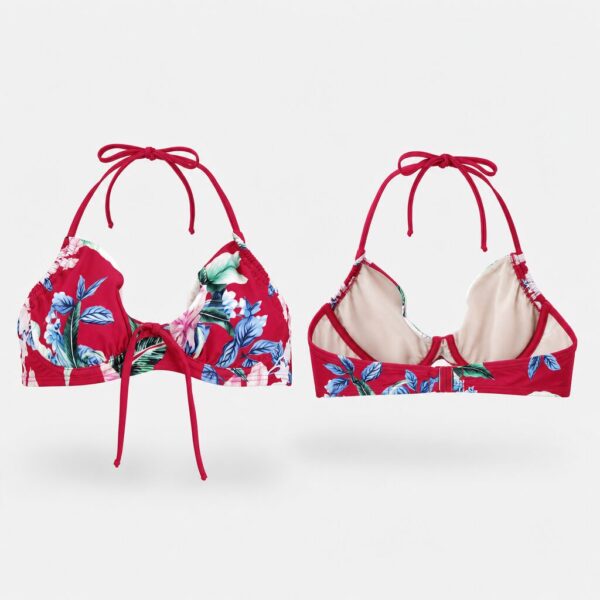 (34C) Top Bikini Pour Moi Halter com Aros Floral - Vermelho