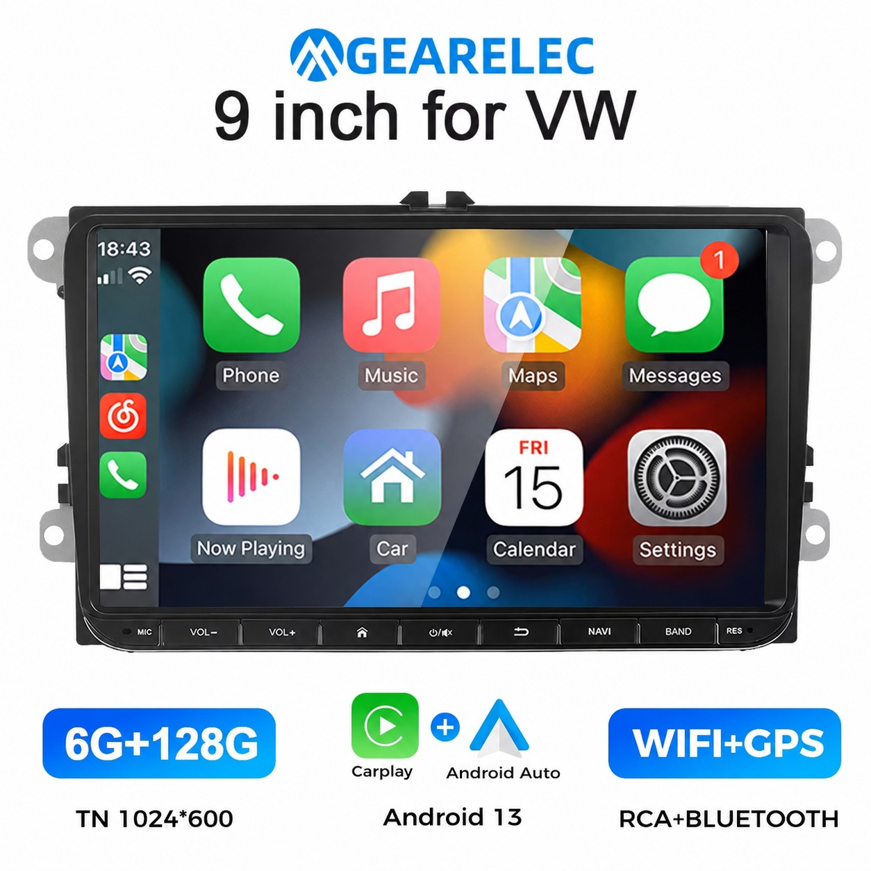 (9") Auto-rádio Android 13 6+128Gb VW Golf/Passat/Polo GPS Wi-Fi Bluetooth - Preto